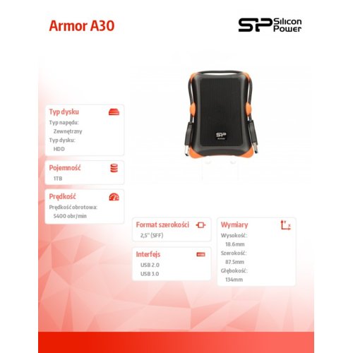 Dysk zewnętrzny Silicon Power ARMOR A30 1TB USB 3.0 BLACK / PANCERNY / wstrząsoodporny