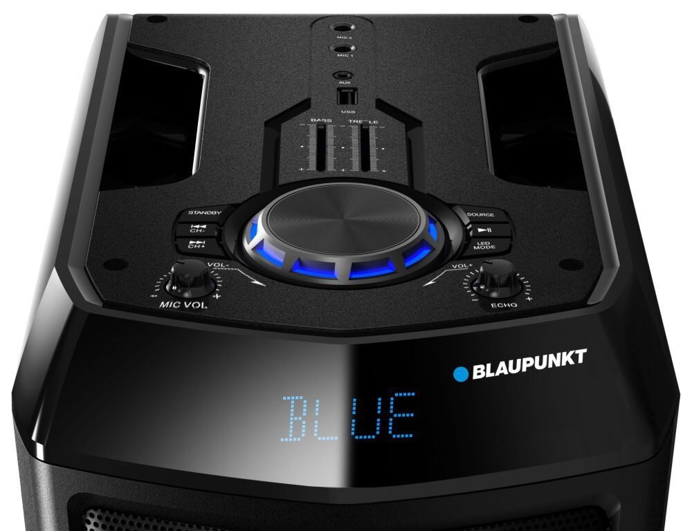 Głośnik karaoke Blaupunkt PS05.2DB FM/USB/SD Bluetooth od frontu zbliżony na panel sterowania
