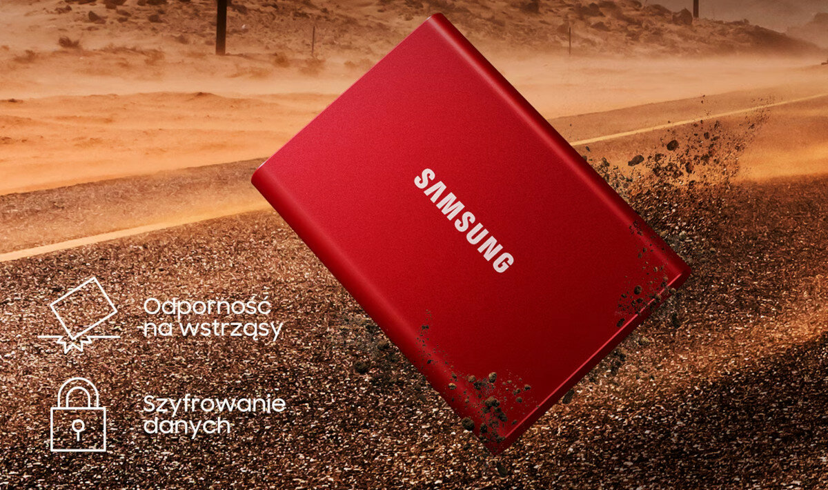 Dysk SSD Samsung Portable T7 wizualizacja wytrzymałości dysku przez jego uderzenie o drogę