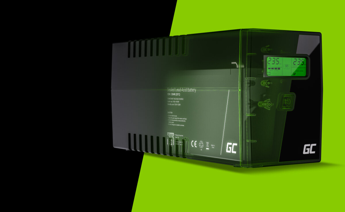 Akumulator Green Cell AGM 12V/7.2AH widok na akumulator pod skosem na czarno-zielonym tle