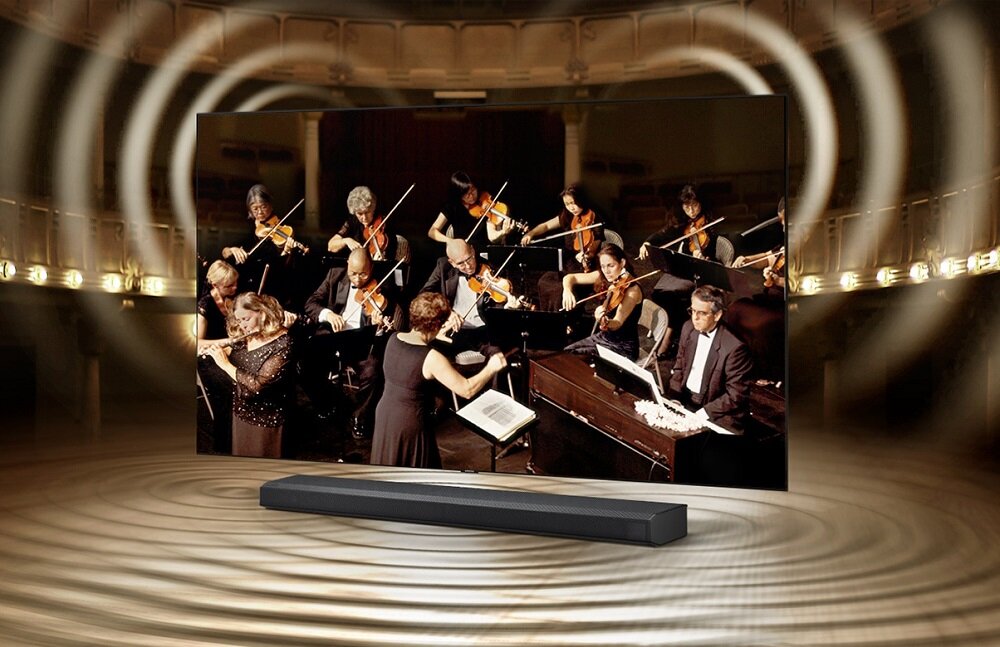 Soundbar Samsung HW-Q800A/EN pod telewizorem od prawej strony