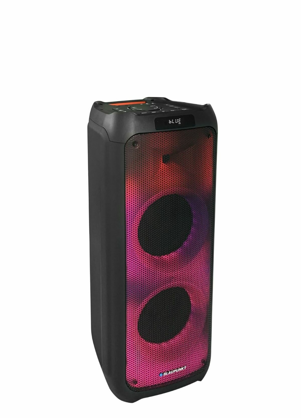 Głośnik Blaupunkt PB10DB bokiem oświetlony w kolorach czerwieni i fioletu
