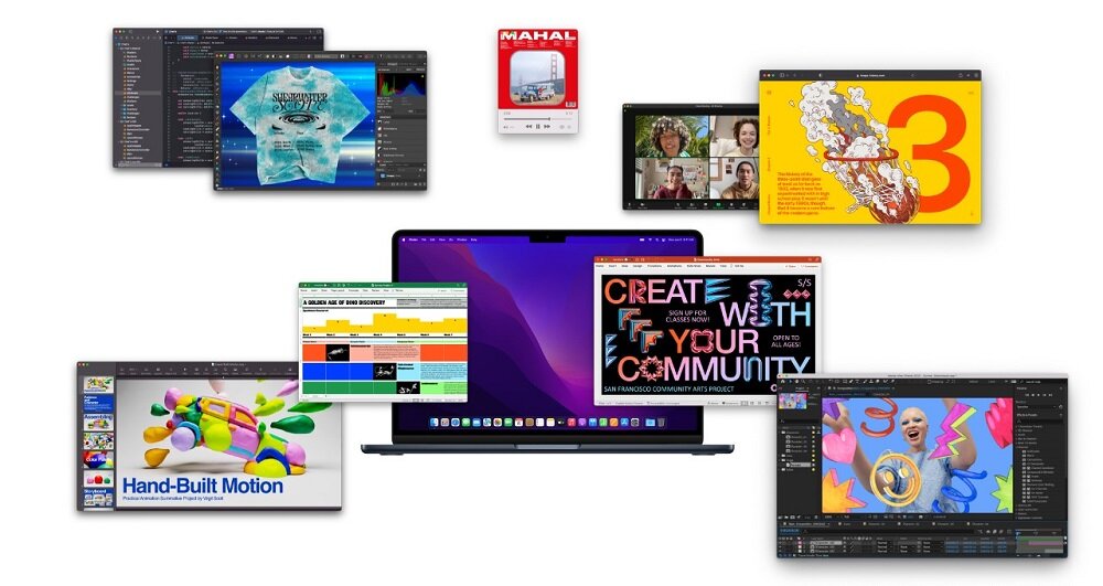 Laptop Apple MacBook Air MLXX3ZE/A widok na laptopa od frontu oraz na screeny interfejsów programów dookoła