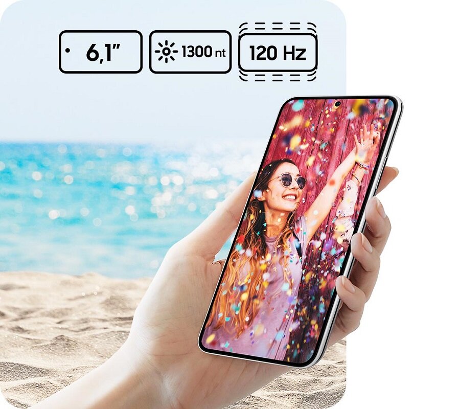 Smartfon Samsung Galaxy S22 SM-S901 SM-S901BLVDEUE widok na ekran smartfona w dłoni pod skosem w lewo