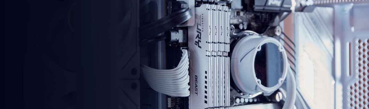 Pamięć Kingston FURY Beast DDR5 32GB (2x16GB) grafika przedstawiająca cztery sztuki w pionie zamontowane w płycie głównej