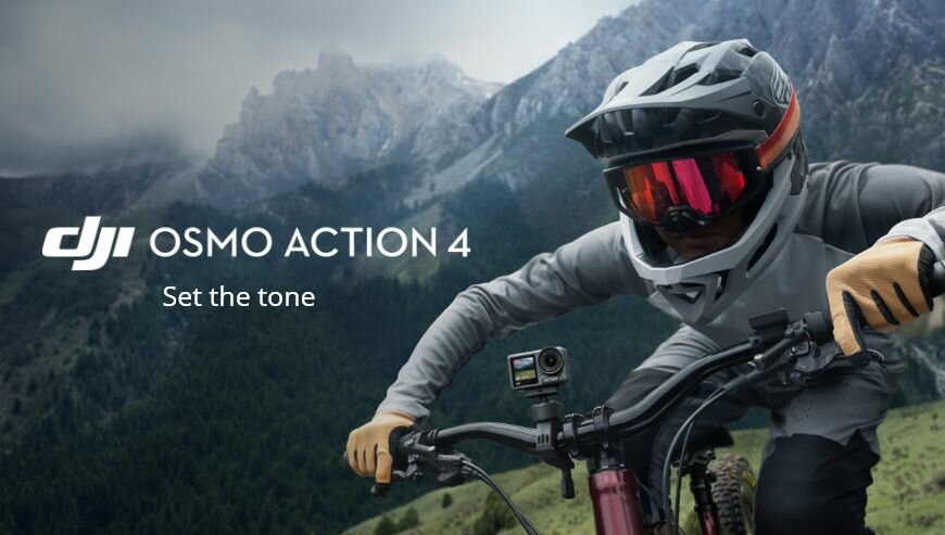 Kamera DJI Osmo Action 4 Adventure Combo widok lekko od boku na osobę jeżdzącą na rowerze i krajobraz