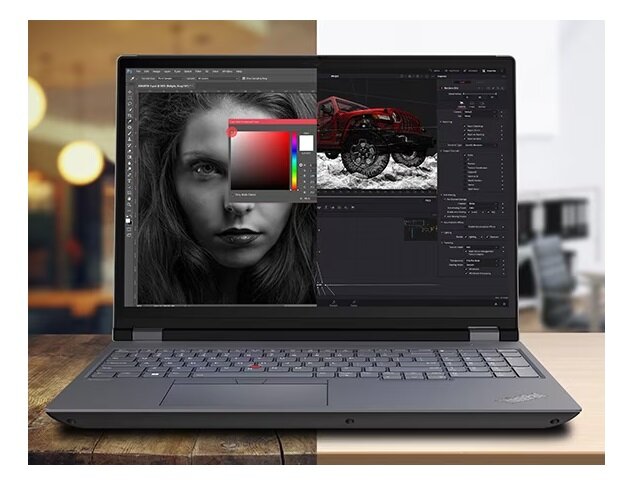 Laptop Lenovo ThinkPad P16 Gen 2 i7-13700HX od frontu z włączonym programem do obróbki zdjęć