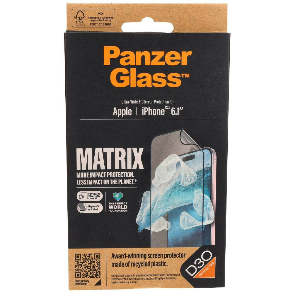 Szkło hybrydowe PanzerGlass Ultra-Wide Fit Matrix iPhone 15 antybakteryjne opakowanie od frontu