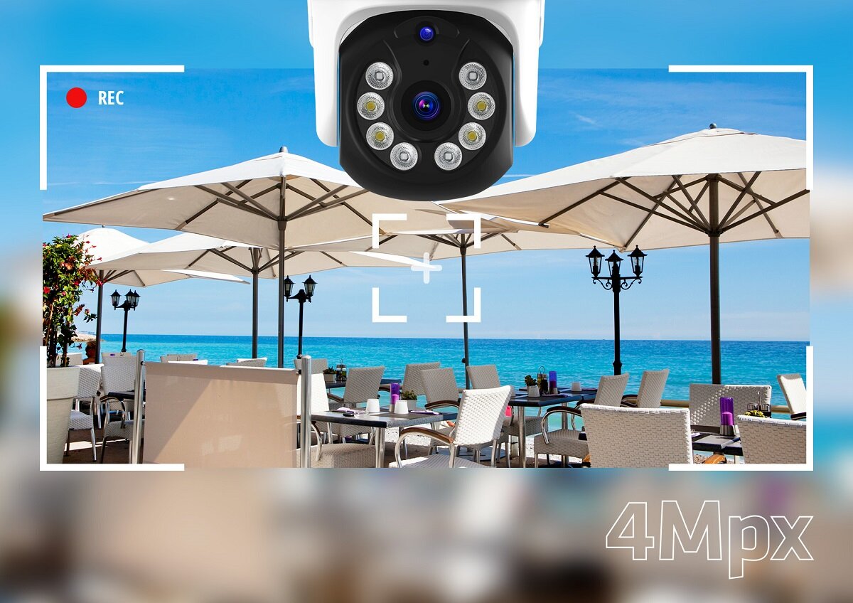 Kamera Xblitz Armor 400 WiFi widok obiektywu kamery oraz kadr z restauracji na plaży