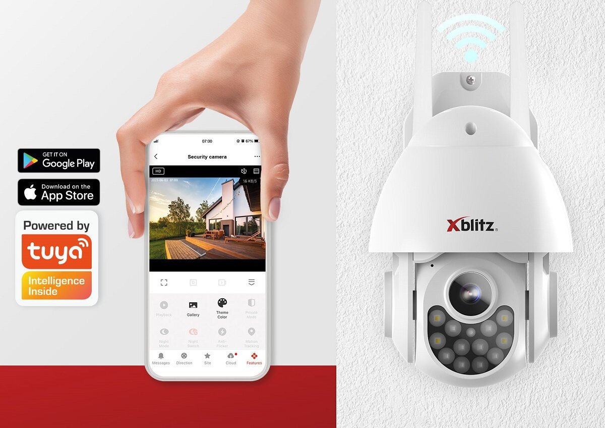 Kamera Xblitz Armor 500 WiFi widok kamery od przodu oraz podgląd aplikacji na smartfonie